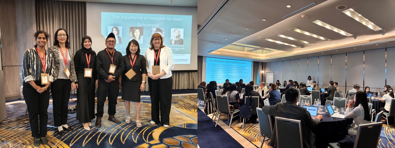The photo on the left is of Crossref staff and speakers of the panel discussion moderated by Robbykha at Charleston Asia. The photo on the right is of attendees of Crossref Bangkok event sitting in a banquet style set-up.