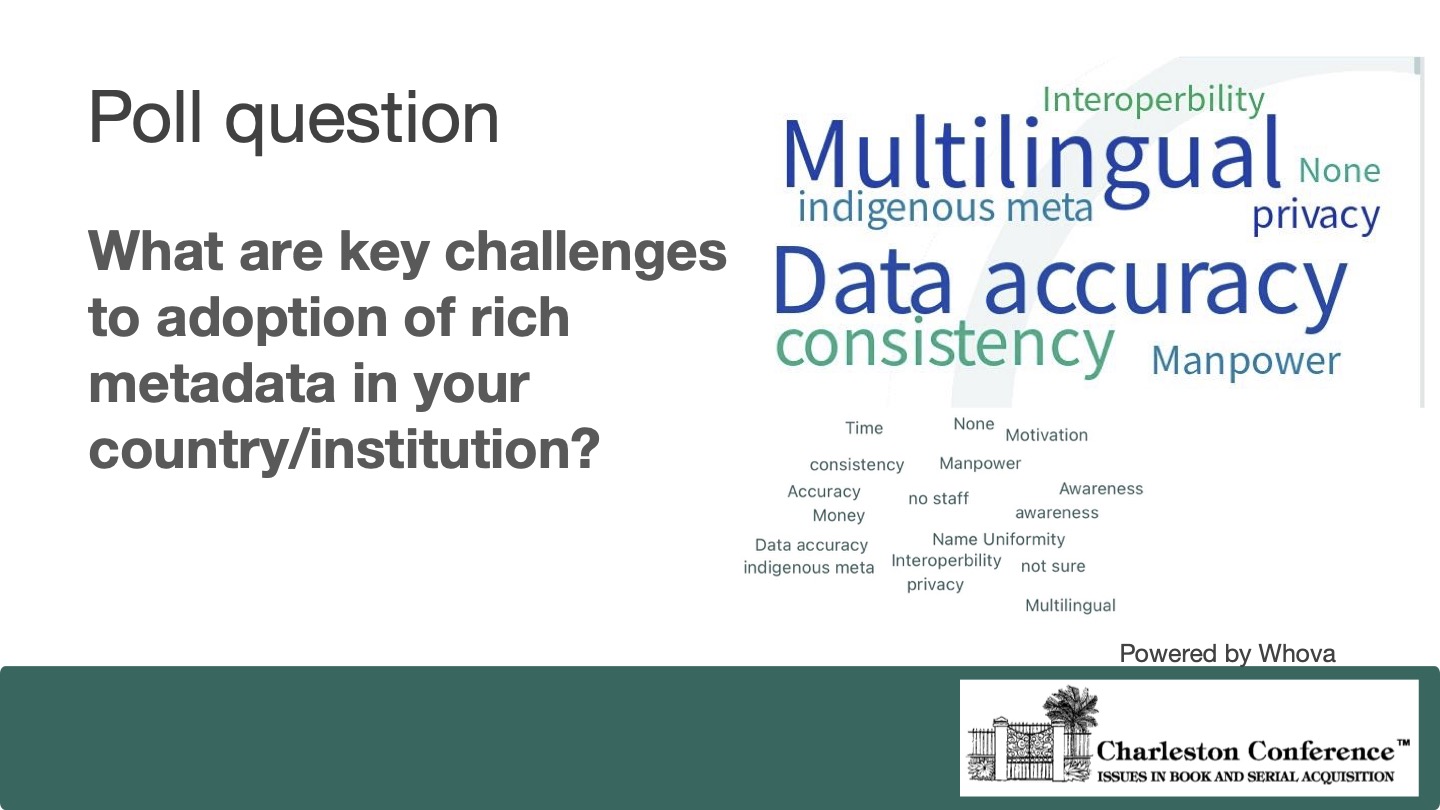 A slide that shows the question “What are the key challenges to adoption of rich metadata in your country/institution” and a word cloud of answers from the panel audience
