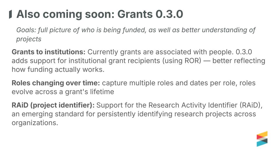 Slide titled “Also coming soon: Grants 0.3.0” describing goals to improve grant and project metadata, including institutional grant recipients, changing roles over time, and support for RAiD project identifiers.