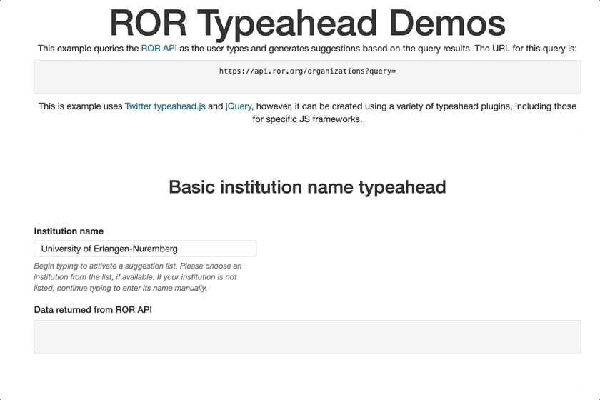 Demo of collecting ROR IDs in a typeahead field